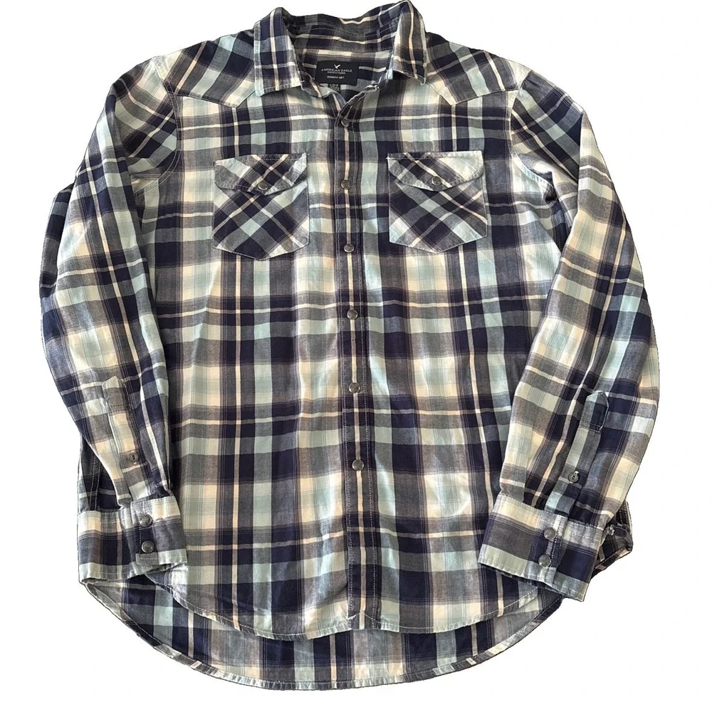 Men's American Eagle L Shirt Western Style Snap Front Cowboy Blue plaid cotton